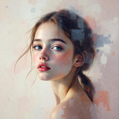 The primary subject of the image is a woman with long hair, who is looking at the camera. She has a pink lipstick on her lips, and her hair is styled in a ponytail. The setting is a painting, and the visual style is a combination of digital art and illustration. The colors in the painting are predominantly pink, which gives the image a warm and inviting atmosphere.